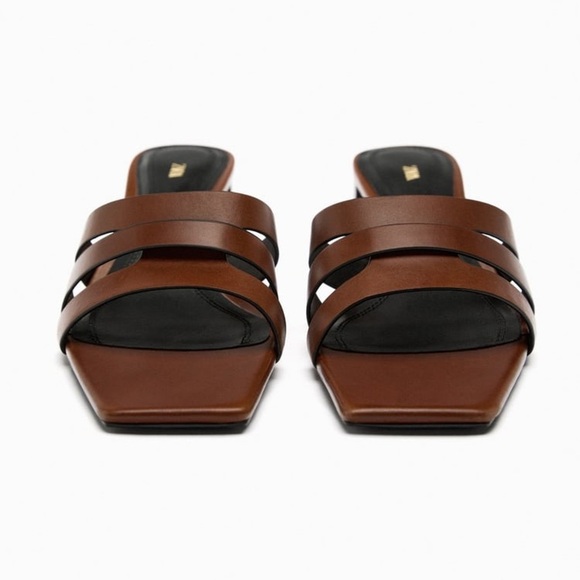 NWT. Zara Brown Leather Block Heel Mules. Size 6. - Picture 4 of 10
